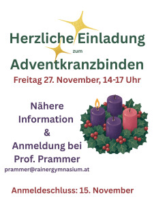Einladung zum Adventkranzbinden am Freitag, 27. November, mit Kerzen und Tannengrün.